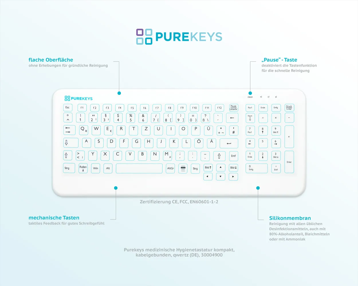 Purekeys Hygienetastatur 30004900 - flach, USB-Kabel, VESA-Befestigung – Bild 9